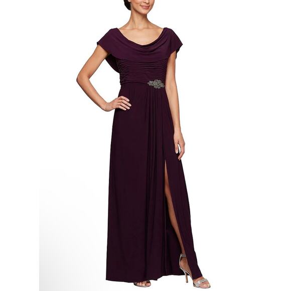 Alex Evenings Dresses & Skirts - Alex Evenings Eggplant Purple Cowl Neck Embellished Waist Slit Long Gown Size 10
